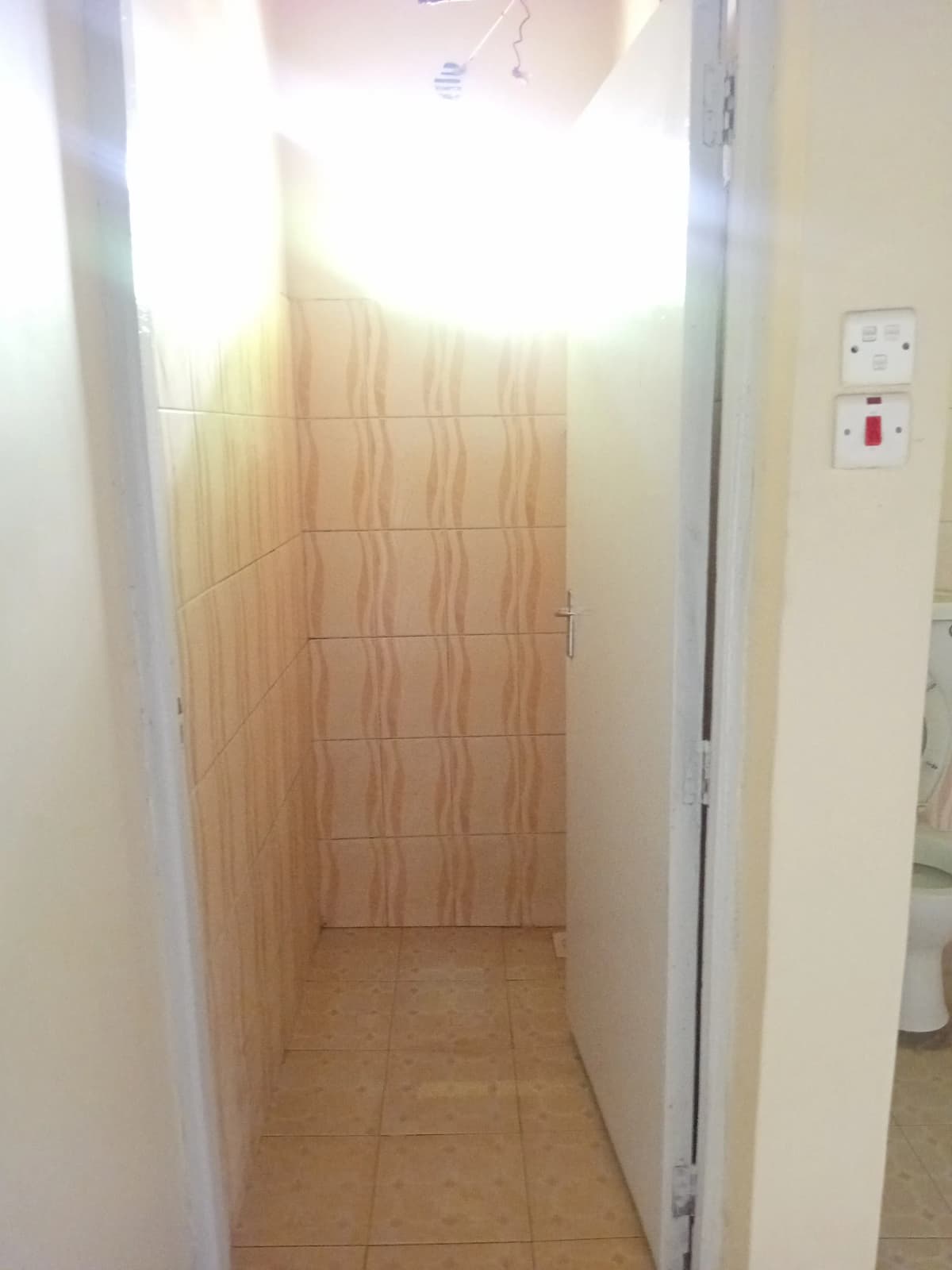 Narrow utility storage room with wooden door