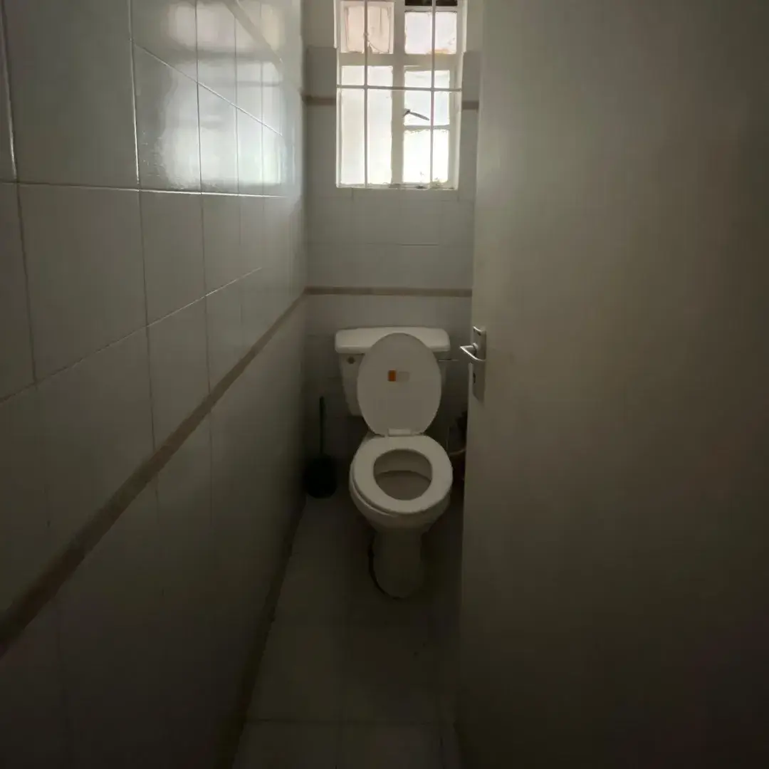 Toilet cubicle with white ceramic pan and window