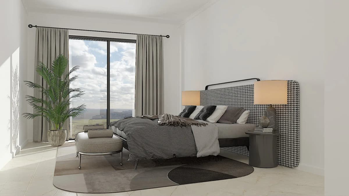 Modern master bedroom with houndstooth headboard and floor-length curtains