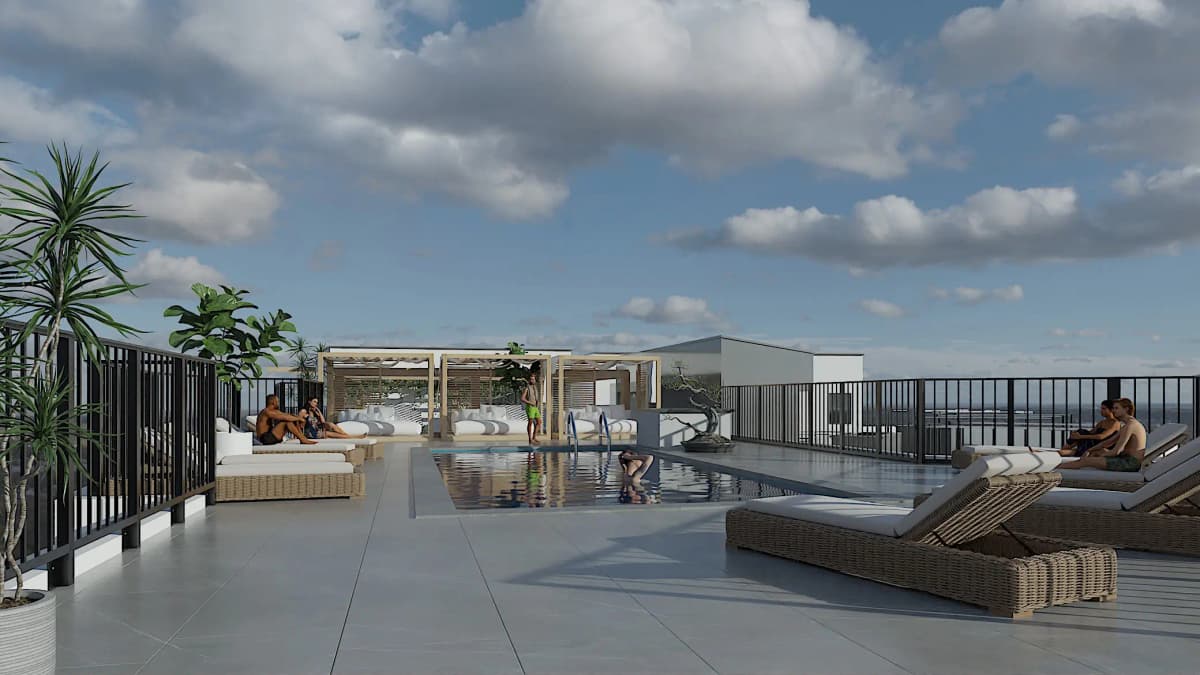 Rooftop infinity pool with sun loungers and pergola