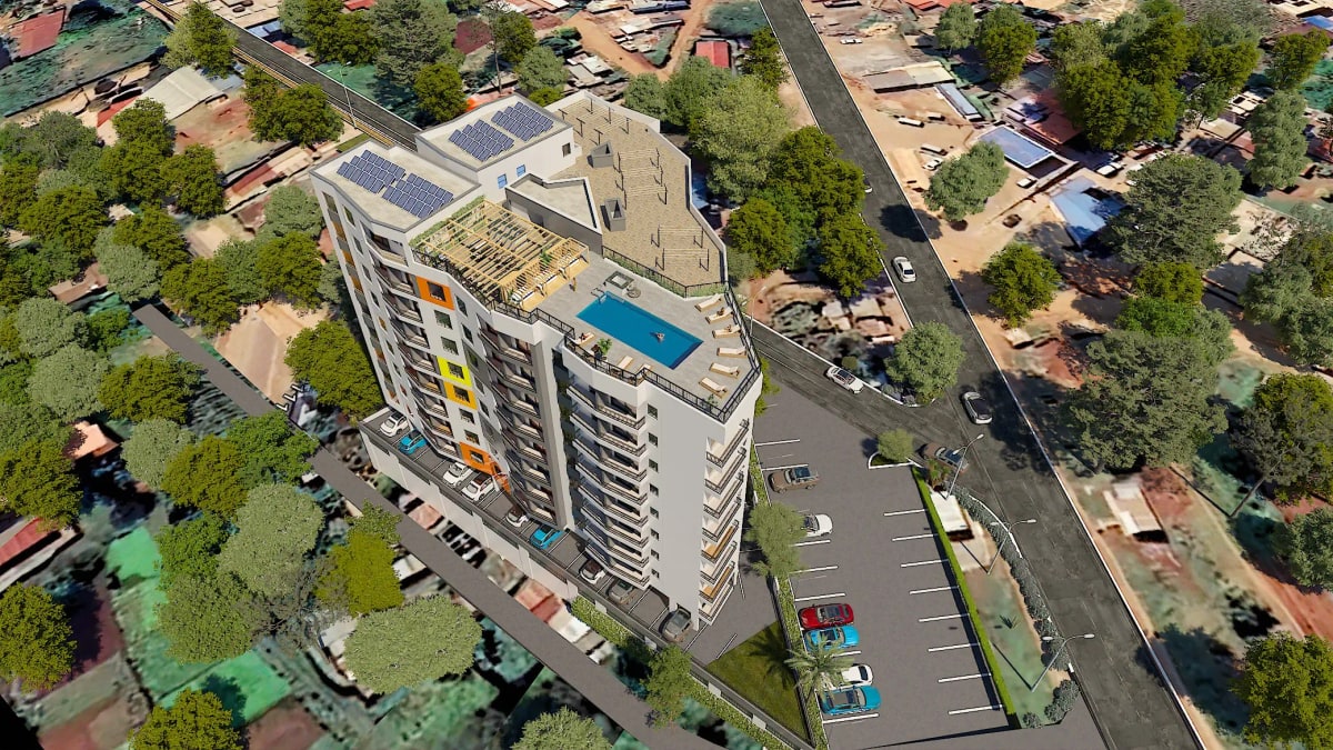 Aerial 3D render of multi-storey apartment block with rooftop pool