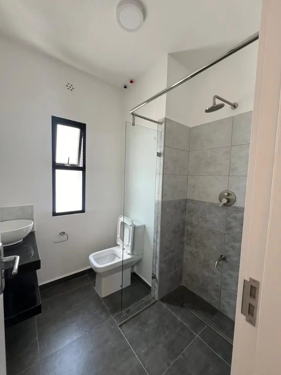 Modern bathroom with walk-in shower and toilet