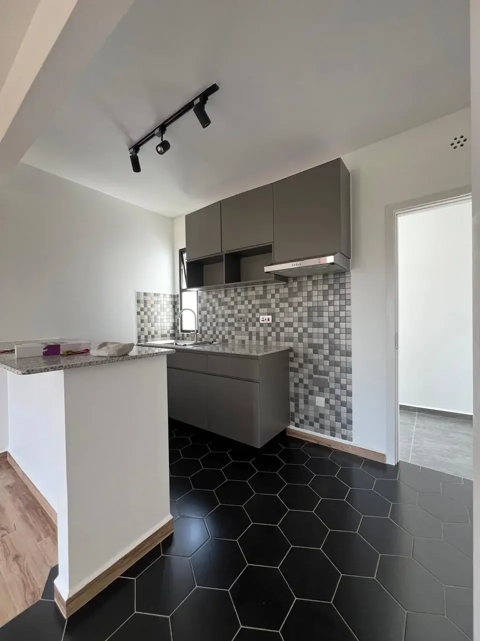 Modern kitchen with dark cabinets, mosaic backtile, hexagonal flooring